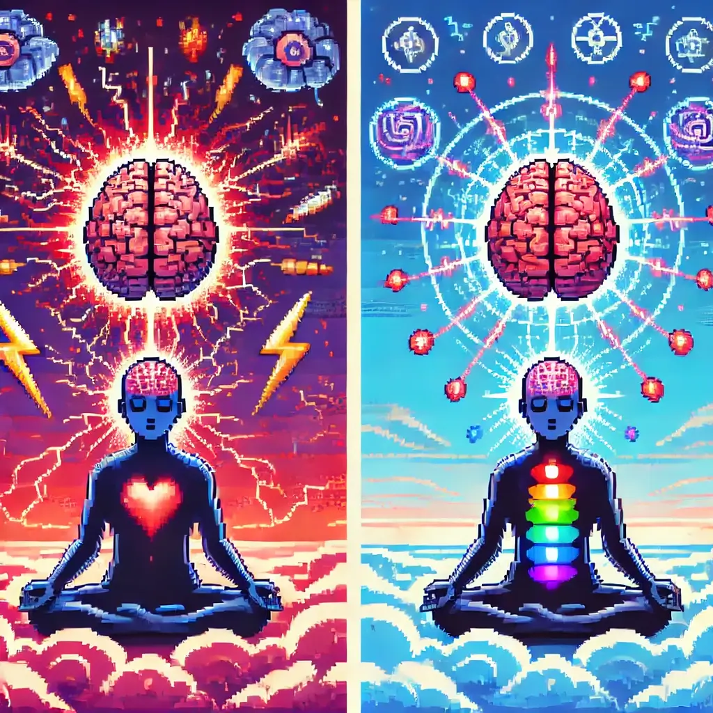 Pixel art of a stressed brain with chaotic red beta waves, lightning bolts, and digital clutter. Transcendental Meditation!