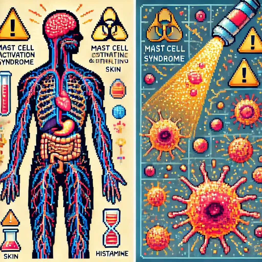 Pixel art of a human figure with glowing organs (gut, skin, brain, nerves) and alert icons around the body, symbolizing MCAS symptoms.