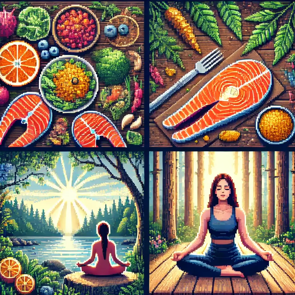 Pixel art of an anti-inflammatory meal with vegetables, salmon, and turmeric on a wooden table. Conquer Endometriosis Pain