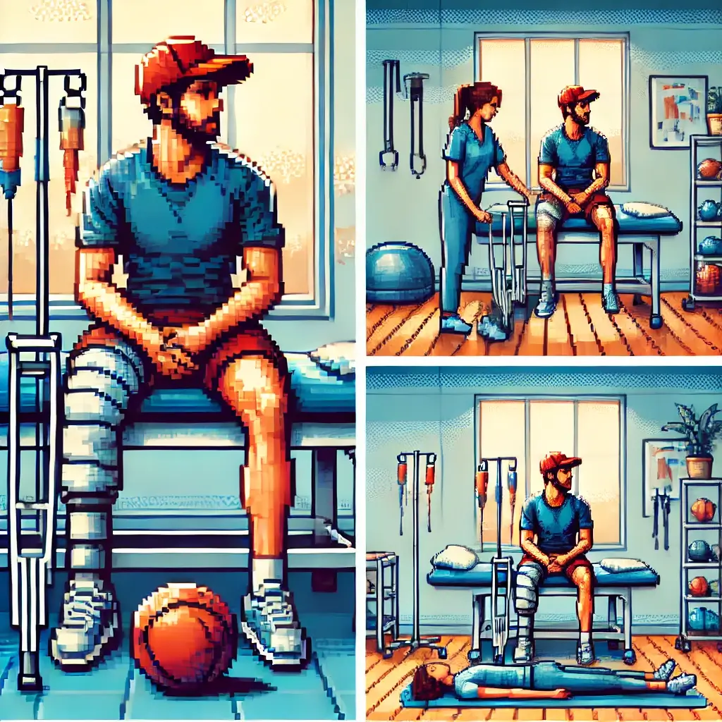 Pixel art of an athlete sitting on a bench holding their knee with crutches beside them, expressing determination. ㅁ치
