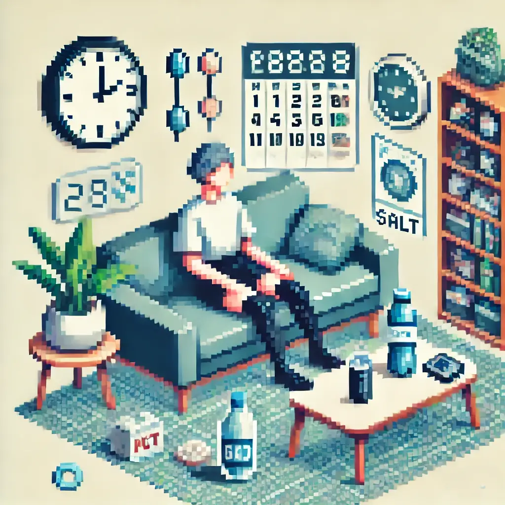Pixel art of a calm person managing POTS, sitting on a sofa with a water bottle and electrolyte drink nearby. Surrounding icons show hydration, salt, exercise, and rest. The environment includes a clock and meal calendar in soothing blue and green tones.