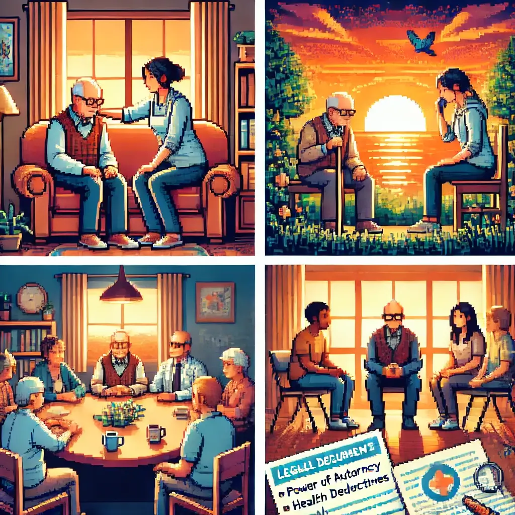 Pixel art of a caregiver helping an elderly man follow a daily routine chart in a cozy living room.