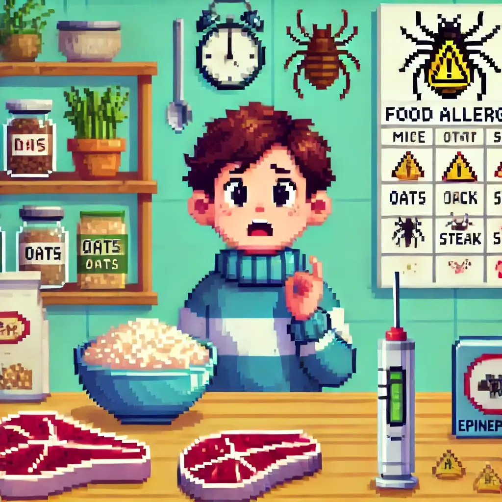Pixel art of a child and parent looking overwhelmed in a kitchen filled with symbols of rare allergies: rice bowl, oats, steak, tick, shoes, and emergency injector.
