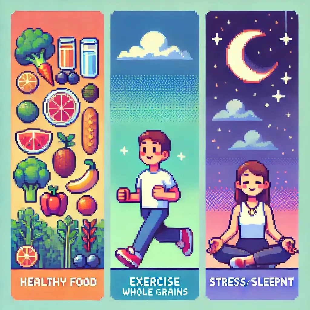 Pixel art triptych showing pre-diabetes reversal: left panel features a plate of colorful whole foods and water, center panel shows a person happily exercising, and right panel depicts someone meditating peacefully under a night sky with stars and a crescent moon.