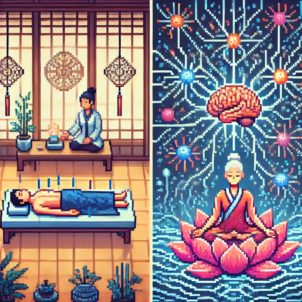 Pixel art of an acupuncture session in a peaceful room with glowing energy and traditional decor. Neuropathic Pain