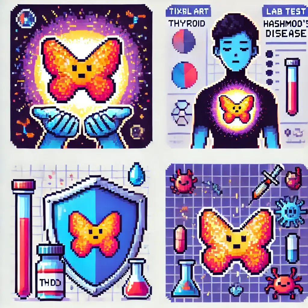 Pixel art of a person holding a glowing butterfly-shaped thyroid with lab test symbols and hormone icons floating around.