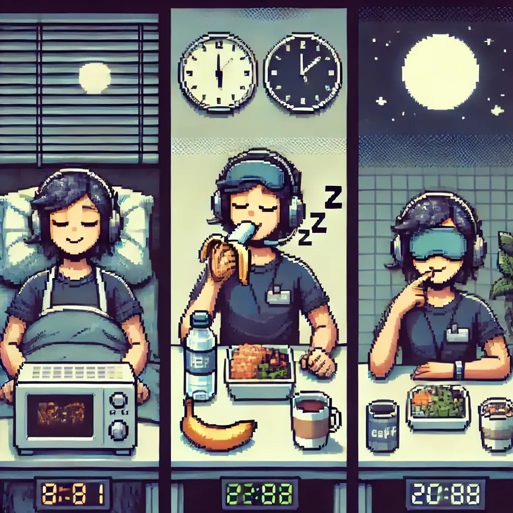 Pixel art showing a shift worker in three scenes — sleeping in a dark, quiet room with a sleep mask; eating a healthy pre-sleep meal with water and a banana; and napping in a break room with an eye mask and a coffee cup nearby, symbolizing strategic caffeine use. Background elements subtly show sun and moon to represent circadian rhythm.