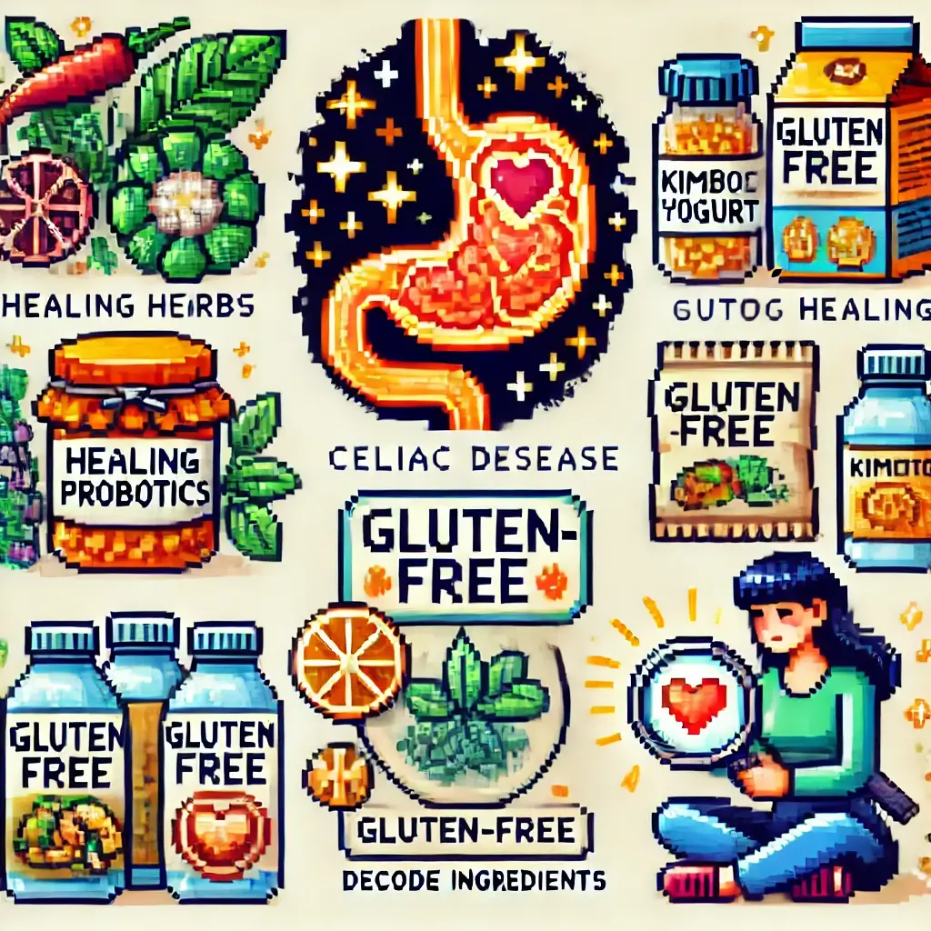 Healing gut surrounded by fermented foods like kimchi and yogurt, glowing in a pixel art style. Gluten-Free Living