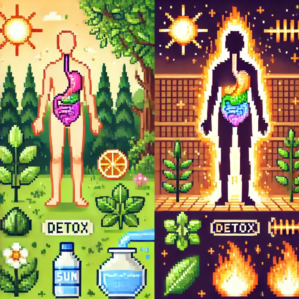 Pixel art of a radiant human figure standing confidently in nature, surrounded by detox symbols like leafy greens, fresh water, sun, and forest. The gut area glows, symbolizing internal healing and vitality.