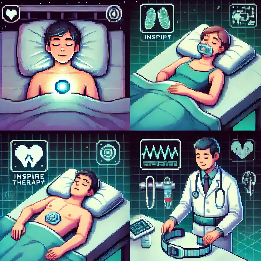 Pixel scenes showing activation of Inspire sleep device, dental appliance placement, positional therapy in action, and a futuristic sleep diagnostics center. CPAP