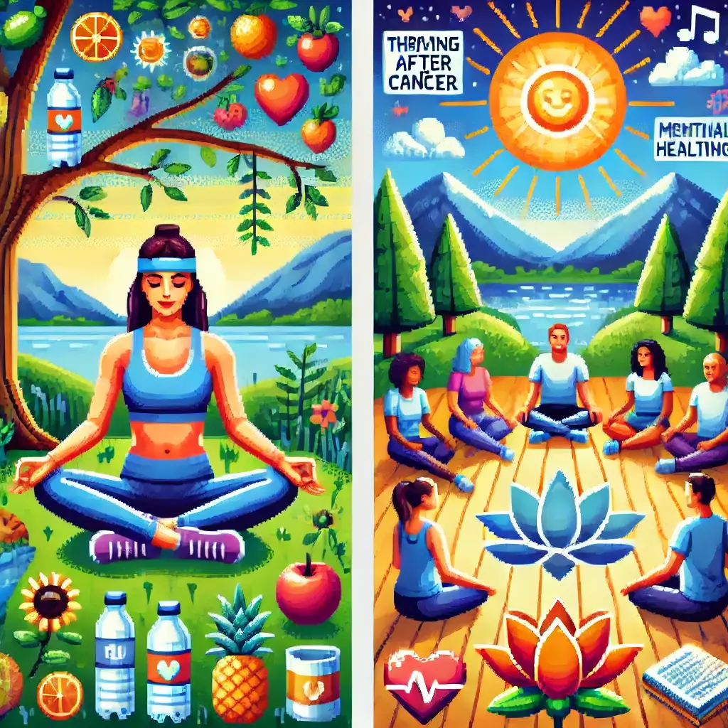 Pixel art of a cozy indoor support group with diverse cancer survivors seated in a circle. Symbols of emotional healing like hearts, journals, and calming icons float around, representing mental well-being and community connection.