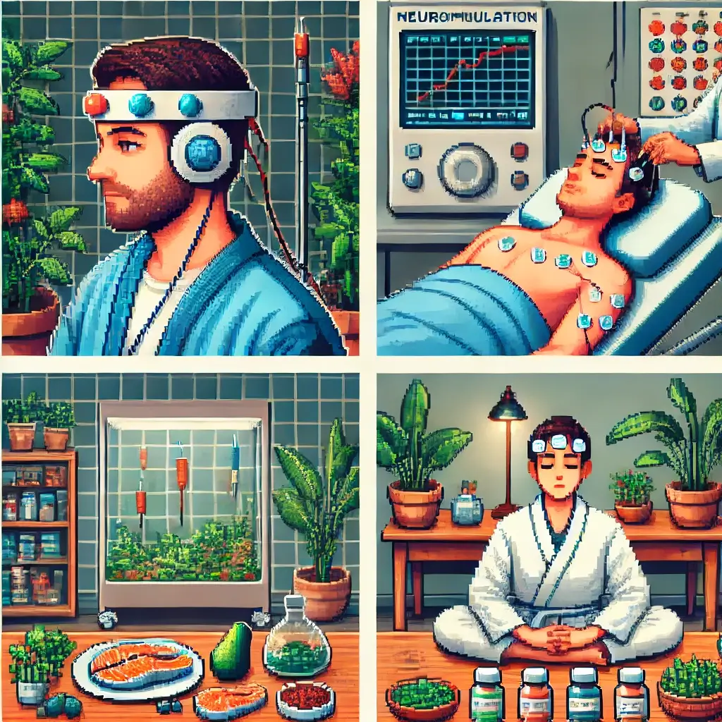 Pixel art of a peaceful biofeedback therapy session with sensors and a screen showing real-time body metrics. Chronic Migraine