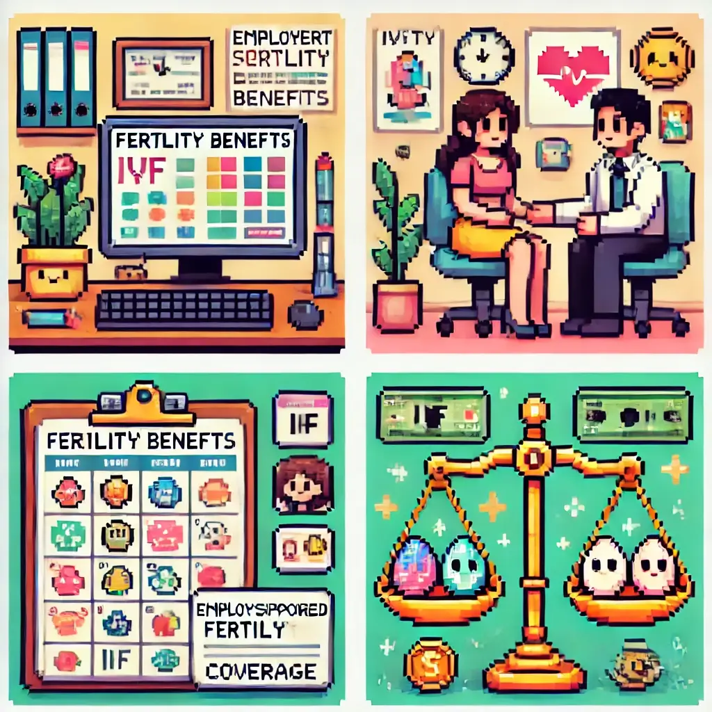 Pixel art clinic scene with doctor, patient, and IVF icons, symbolizing fertility benefits, insurance, and inclusive family support. Employer-Sponsored Fertility Benefits