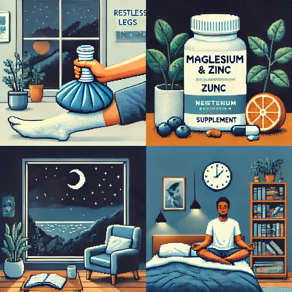 Pixel art of a person applying an ice pack to their calf in a cozy bedroom at night, symbolizing cold therapy for RLS relief.