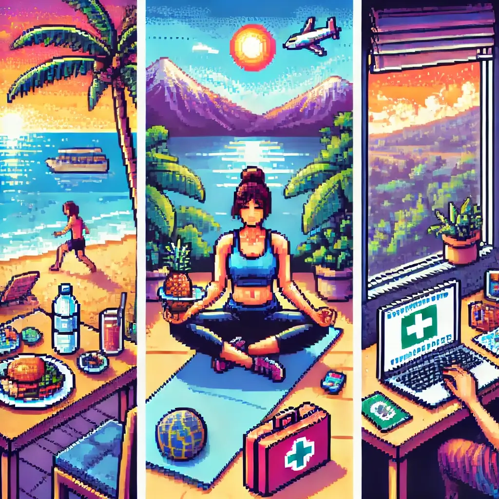 Pixel art of a digital nomad at a beachside café with a laptop, eating a balanced meal and drinking water.