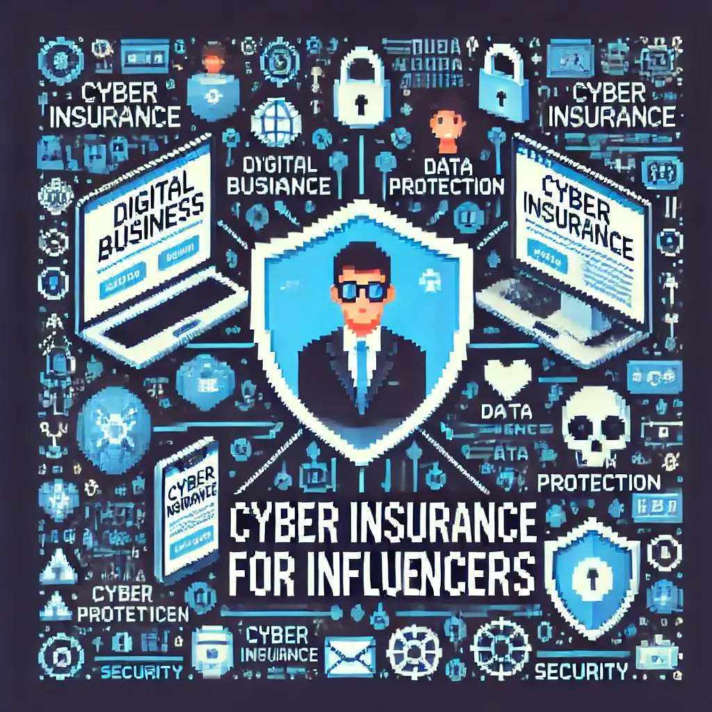 A pixel art image showcasing a digital business with a creator's website, social media accounts, and a shield symbolizing cyber insurance for influencers.