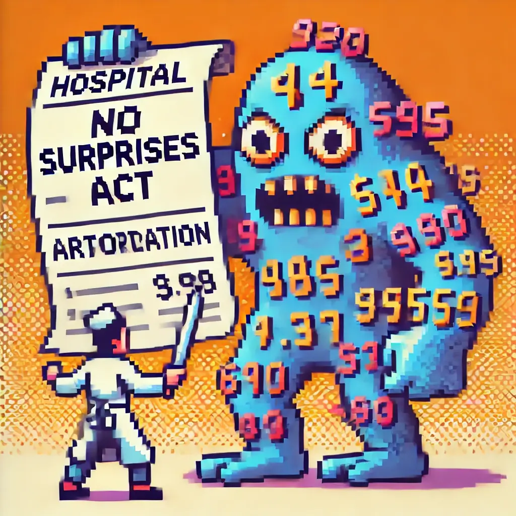 Pixel art of a patient holding a shield labeled "No Surprises Act" blocking a giant hospital bill monster, symbolizing surprise billing arbitration rights. Surprise Medical Bill