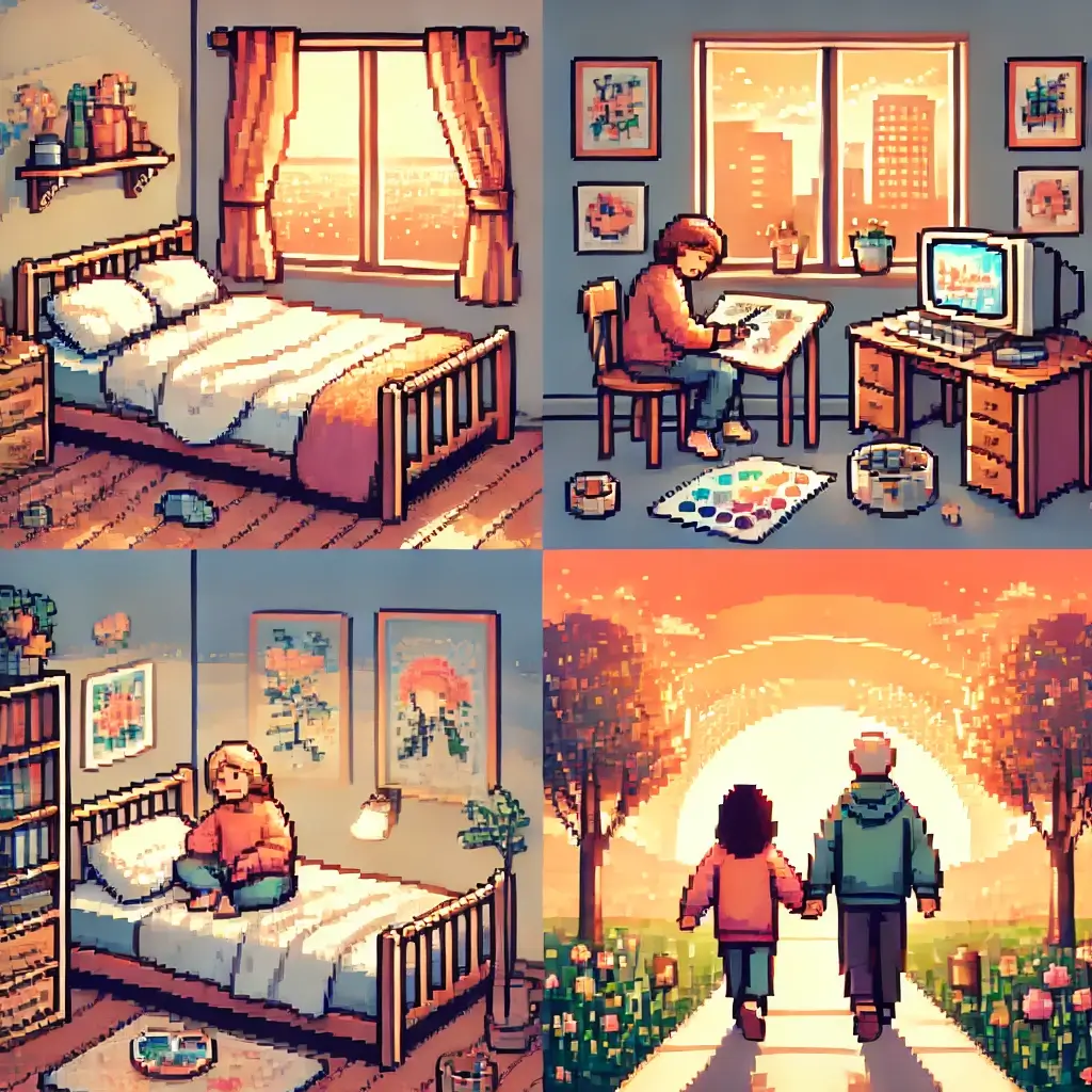 Pixel art of a middle-aged person happily painting and journaling, representing self-discovery and personal growth during the empty nest stage.