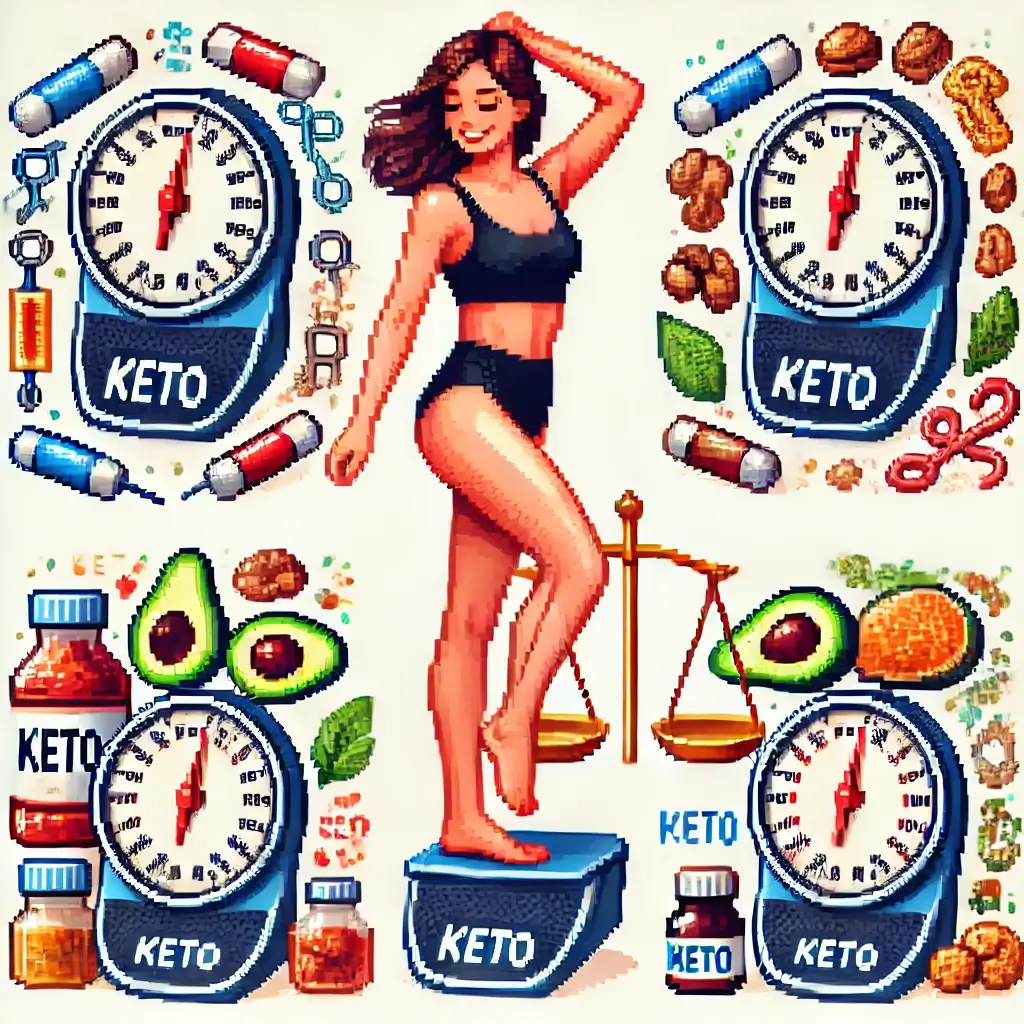Pixel art of a confident woman with insulin and glucose lock icons around her, symbolizing insulin resistance improvement through the ketogenic diet for PCOS.
