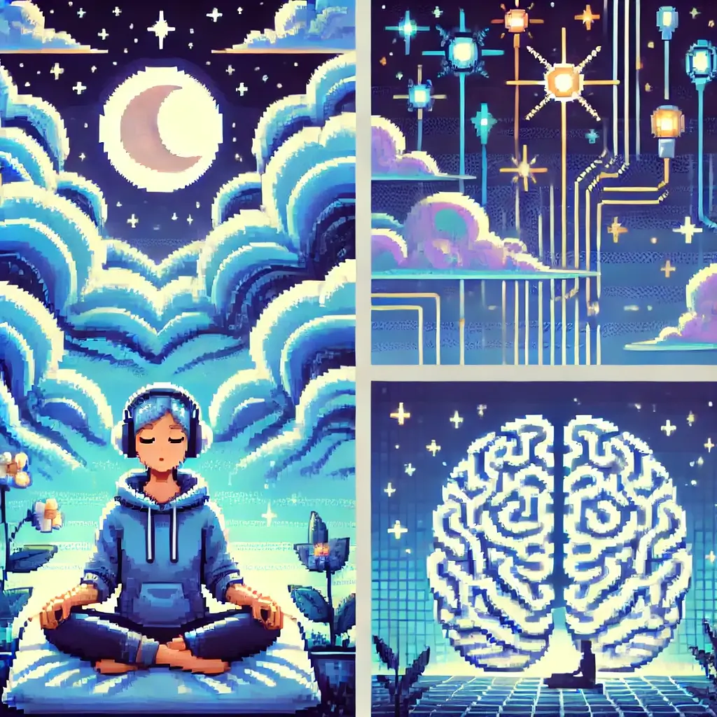 Pixel art of a person wearing headphones with soft sound waves and moonlight, representing tinnitus sound therapy.