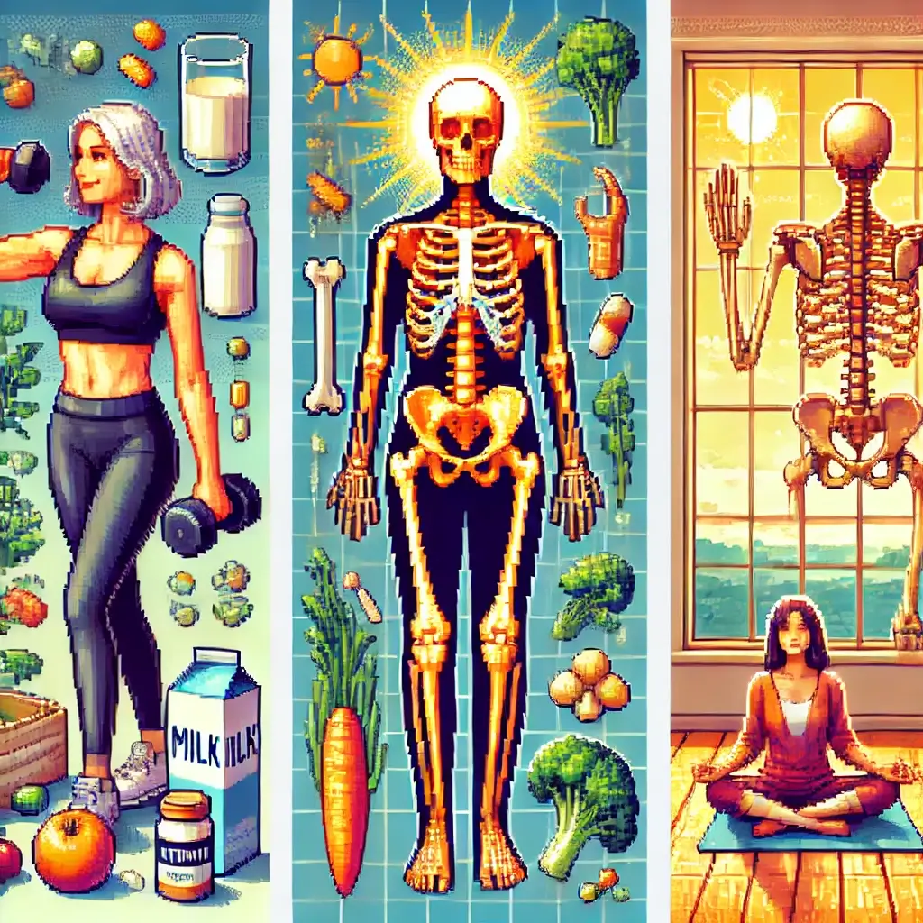 Pixel art of a strong older woman in workout clothes lifting dumbbells, surrounded by icons of milk, broccoli, and salmon. Bone Density After Menopause