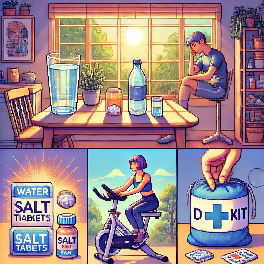 Pixel art of a person at a kitchen table drinking water with glowing salt and electrolyte tablets — symbolizing hydration and sodium intake for dysautonomia.