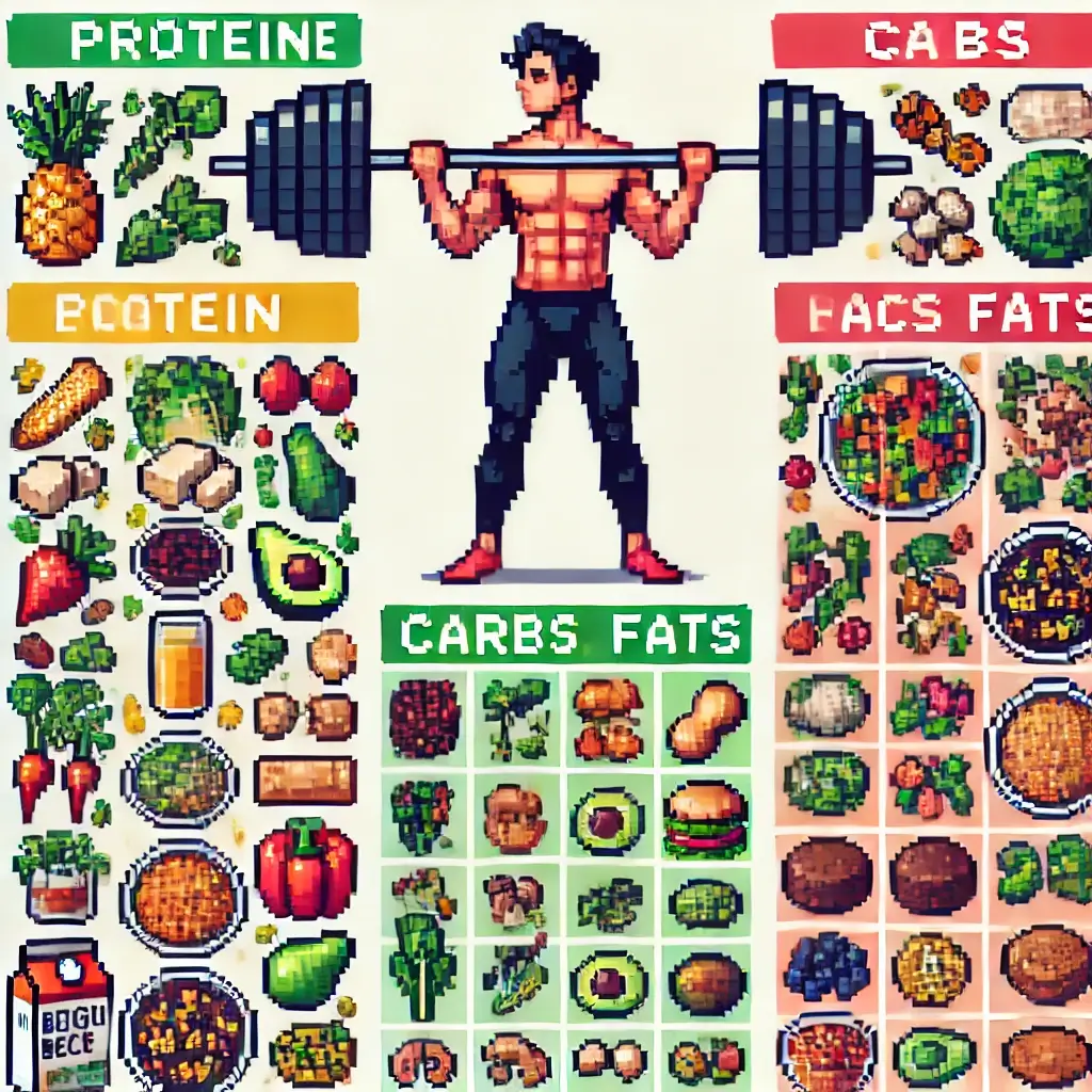 Pixel art of a strong vegan athlete lifting a barbell, surrounded by tofu, lentils, beans, quinoa, avocado, and leafy greens.
