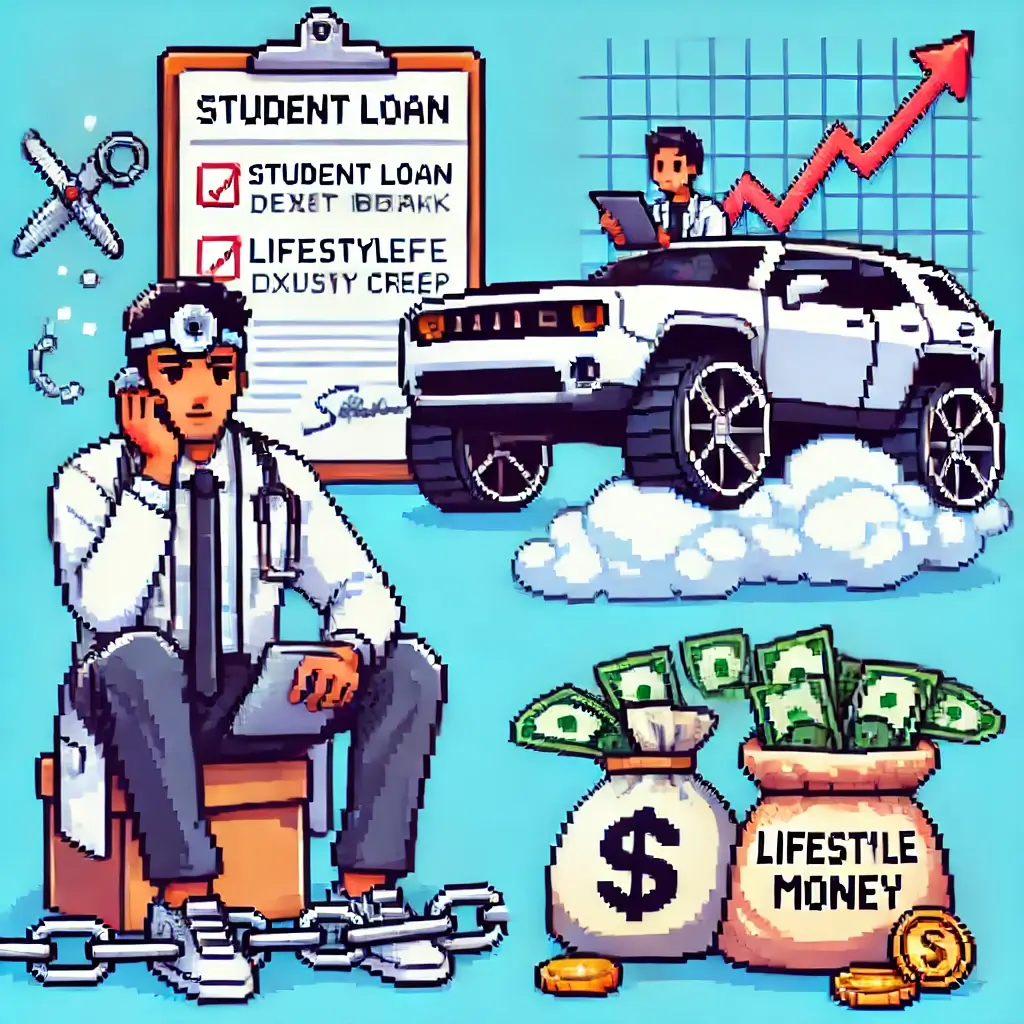 Pixel art of a stressed healthcare professional chained by student loan debt, holding giant loan paperwork — symbolizing the financial mistake of ignoring student loans.