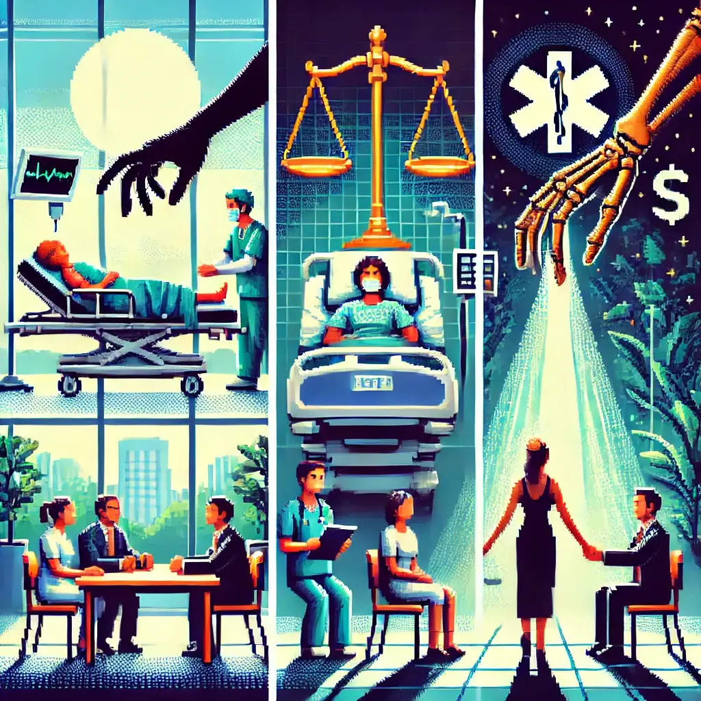 Pixel art of an emergency room with patient on a bed, doctors nearby, and a looming dark shadow symbolizing ER malpractice and negligence in 2025.