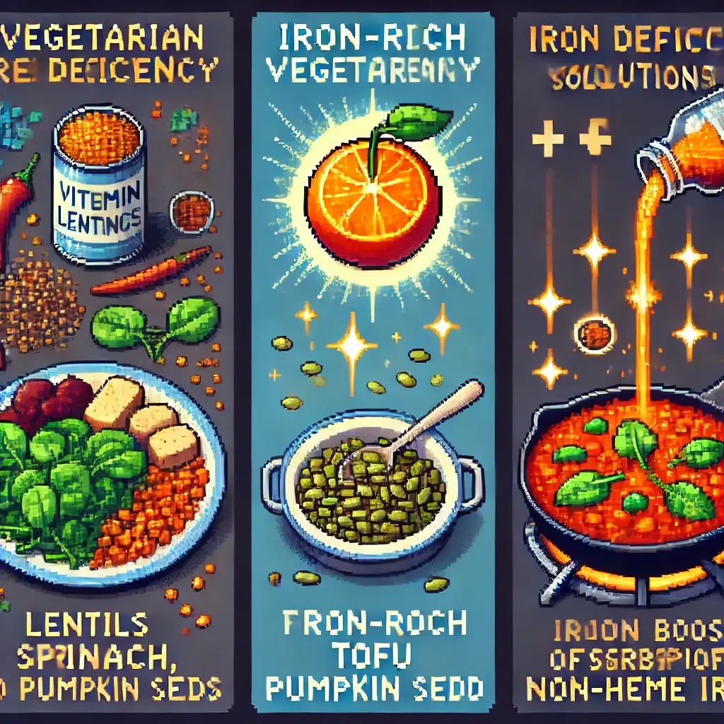 Pixel art of vegetarian iron-rich foods including lentils, spinach, tofu, pumpkin seeds, and an orange symbolizing Vitamin C for better non-heme iron absorption.