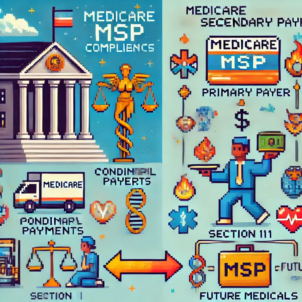 Pixel art of a courthouse with justice scales and a Medicare card, symbolizing Medicare Secondary Payer compliance and the myth of loopholes. Medicare Secondary Payer Loopholes