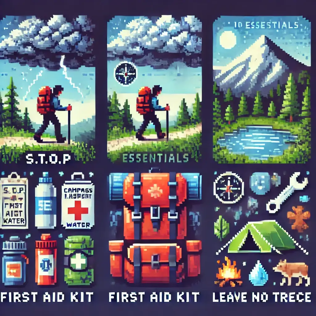 Pixel art of a backpacking hiker following the S.T.O.P. rule, holding a compass and map under stormy skies, symbolizing wilderness safety and survival.