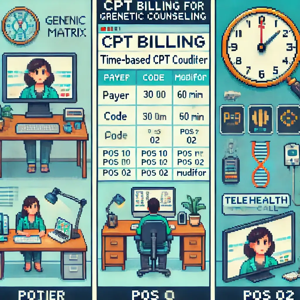 Pixel art clinic office with computer showing payer matrix spreadsheet for CPT billing for genetic counseling.