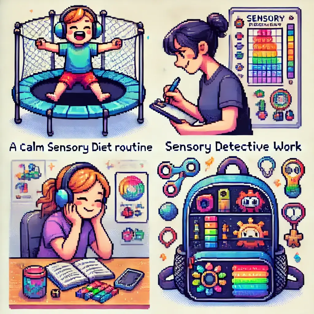 Pixel art of a child with Sensory Processing Disorder jumping on a mini trampoline as part of a sensory diet, with a supportive parent nearby smiling.
