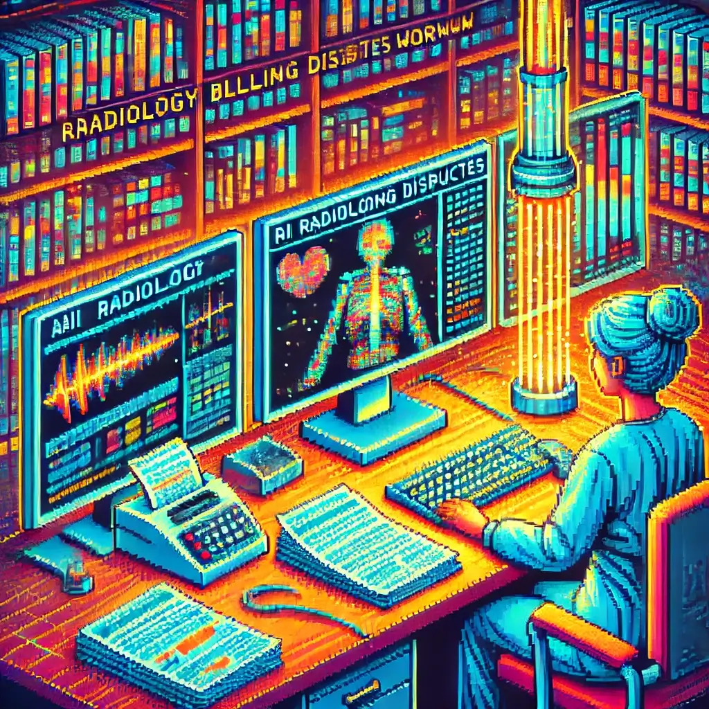 Pixel art of AI radiology billing disputes workflow — OCR scanning EOBs with glowing structured data flowing into billing grids.