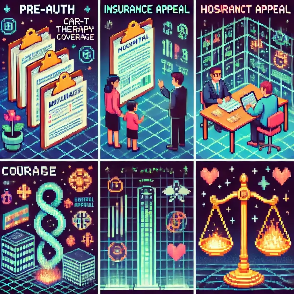 9 Field-Tested CAR-T therapy coverage Moves That Save Your Case (and Your Sanity). Pixel art of a patient in a maze of insurance paperwork with neon folders “Pre-Auth” and “Appeal,” symbolizing CAR-T therapy coverage struggles.