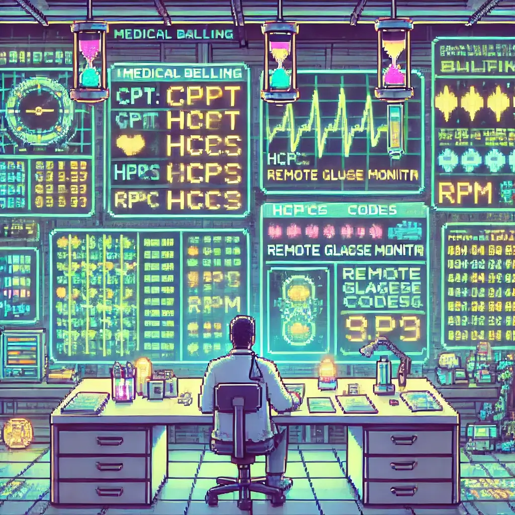 Pixel art of a futuristic medical billing office with holographic screens showing remote glucose monitoring insurance codes (CPT, HCPCS, RPM). A clinician reviews data with floating checkboxes and timers.